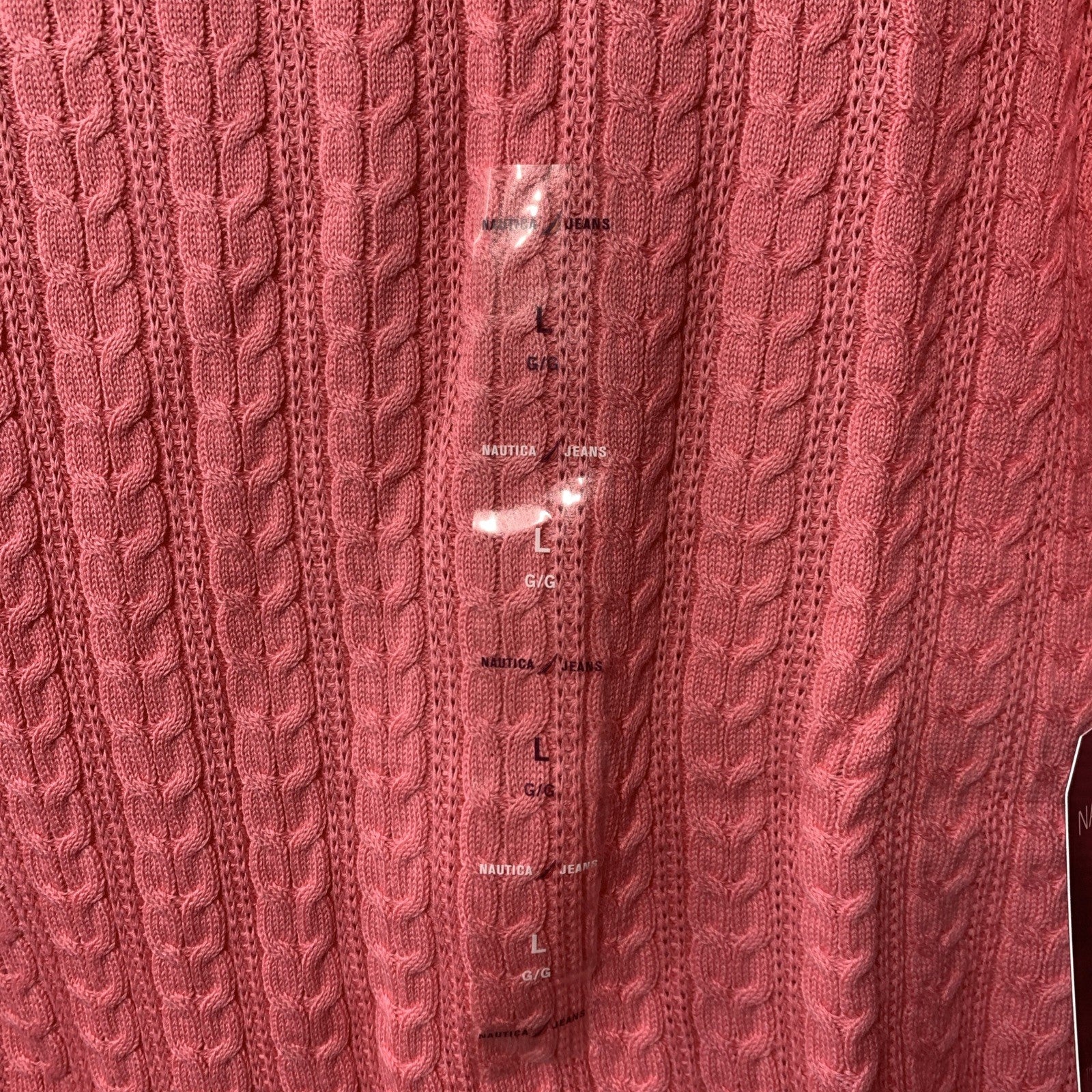 Pink Nautica women's cable knit sweater with boatneck and long sleeves, made of cotton, size large, from The Family Flips.