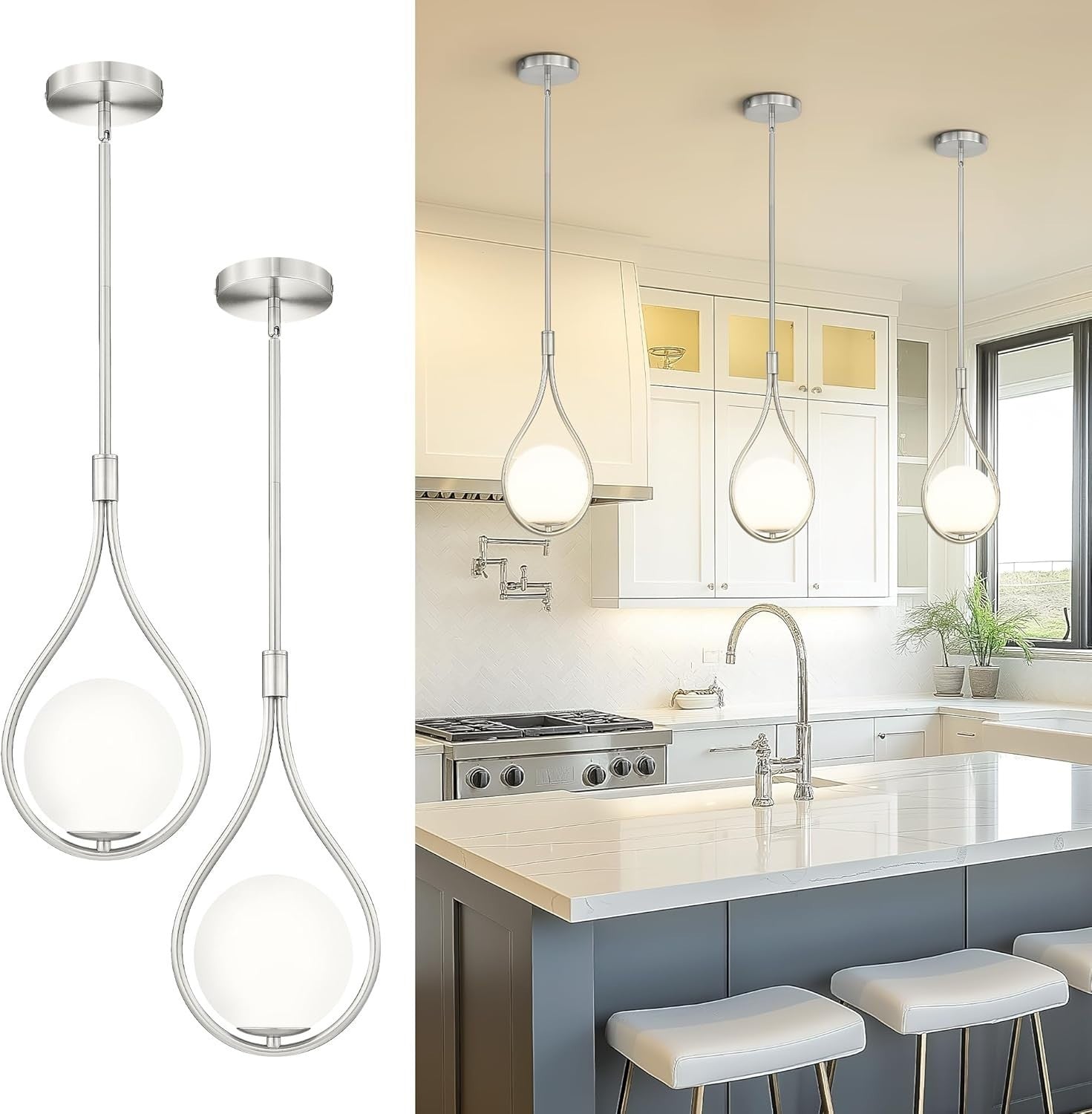 Autelo 2 Pack Pendant Lights Kitchen Island 1-Light Pendant Light Brushed Nickel
