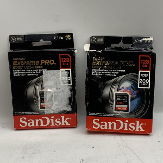 SanDisk Extreme PRO 128GB UHS-I U3 SDXC 200MB/s 4K Mem Card SDSDXXD-128G Lot Of2