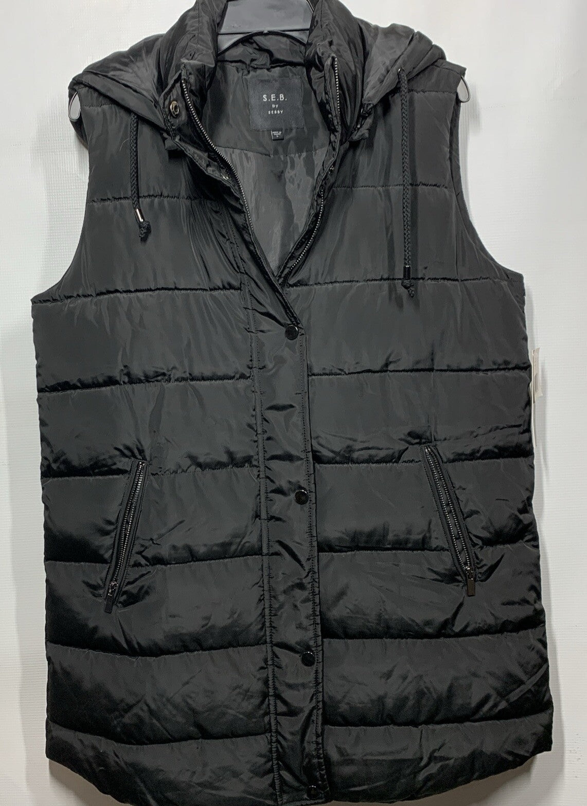 Sebby S.E.B. SSP1418 Womens Black Detachable Hood Zip Long Puffer Vest Size L