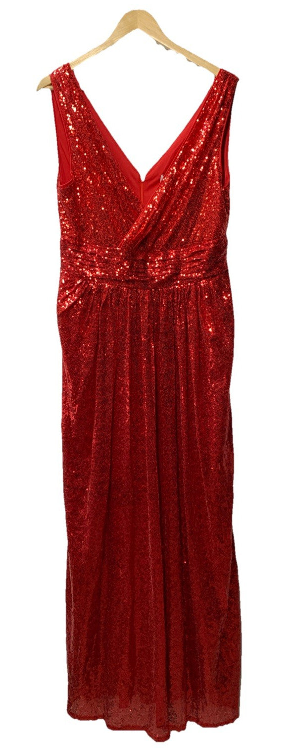 Kate Kasin Long V-Neck Sequined Sparkling Evening Bridesmaid Dress Size 14, Red