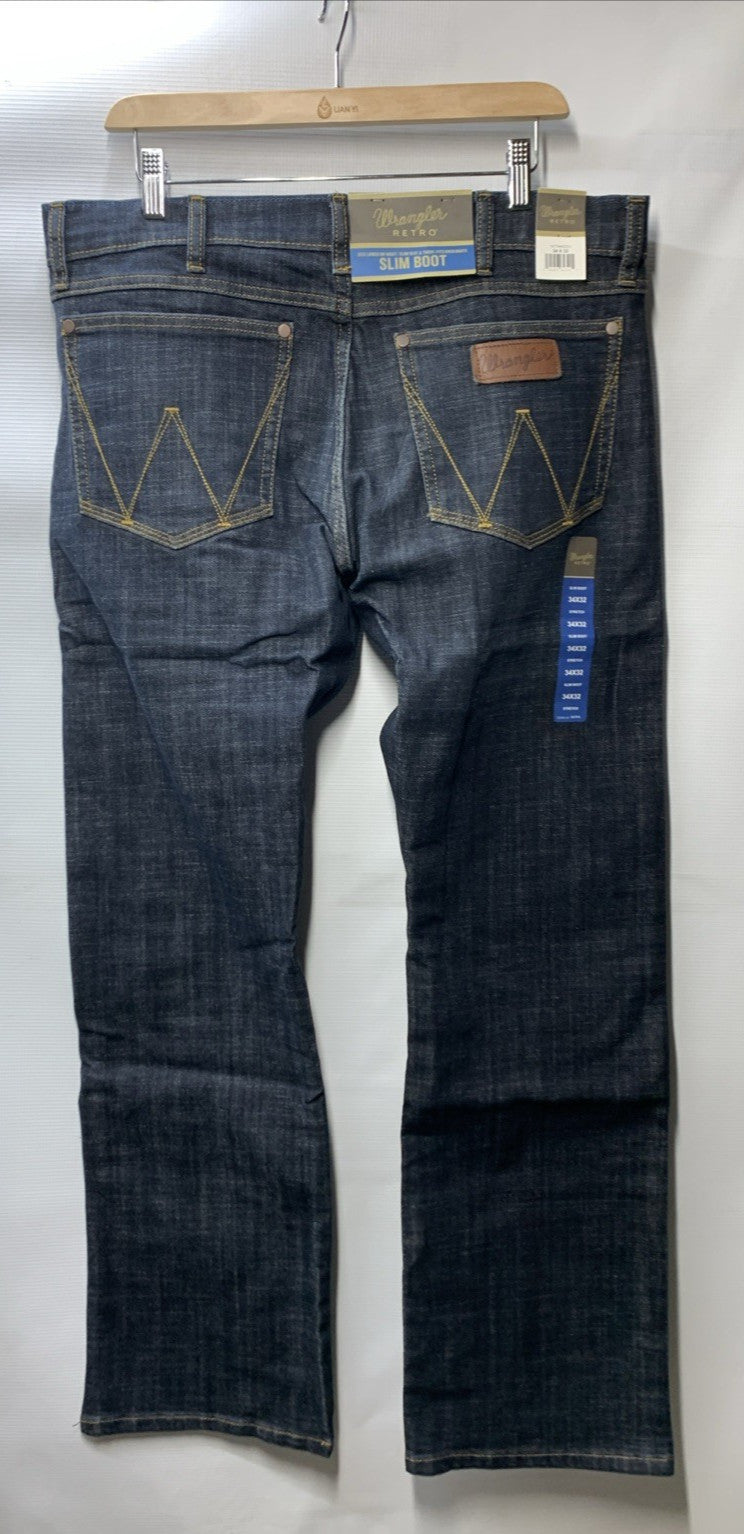 Wrangler Retro Men's Dax Dark Wash Slim Bootcut Stretch Denim Jeans Size 34x32