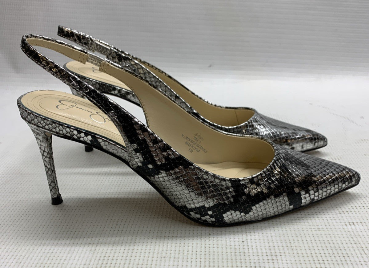 Jessica Simpson Women's Souli Sling Back Lux Metal Snake Heel Size 7 Chrome