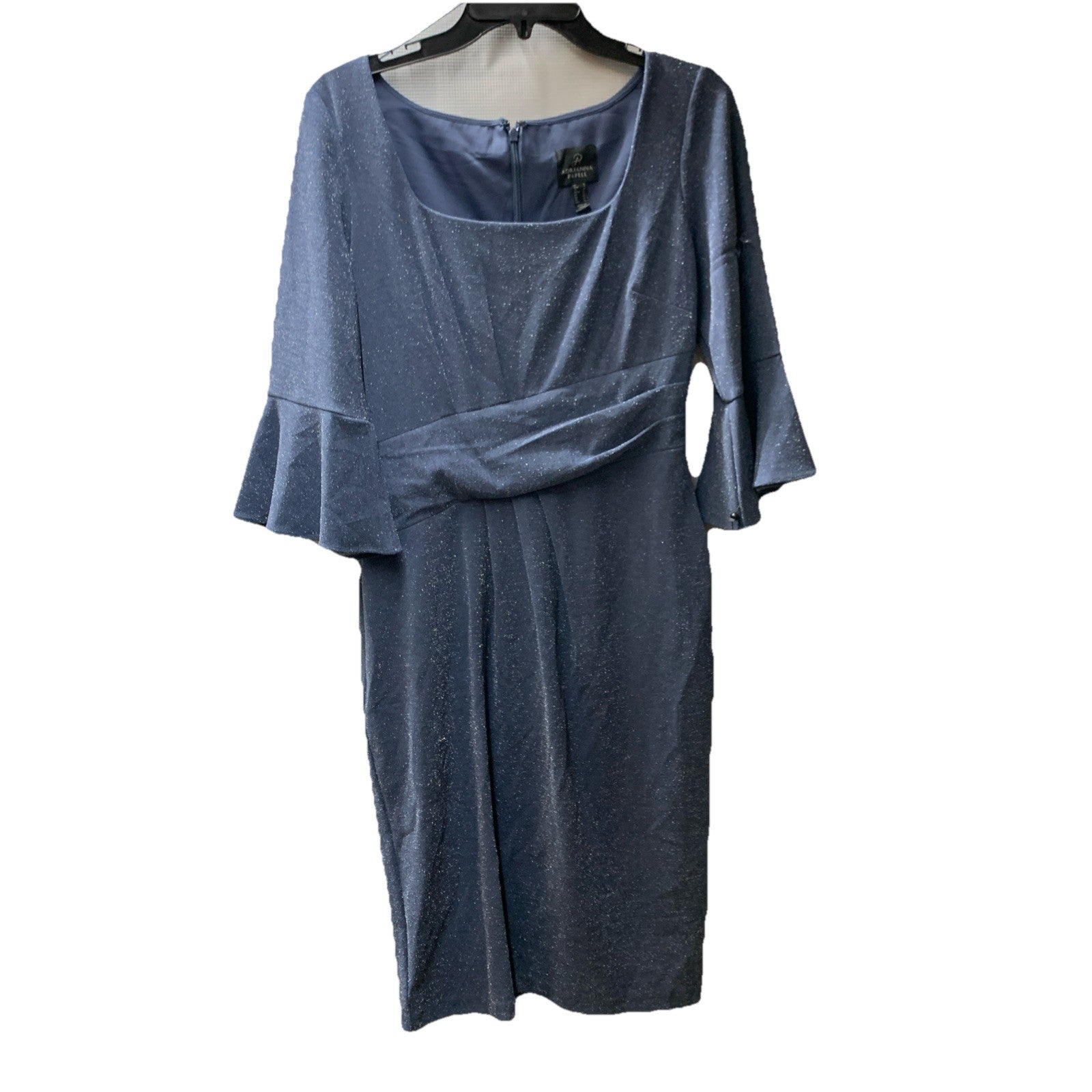 Adrianna Papell Women's Metallic Knit Draped Dress Steel Blue Square Neck Size 6