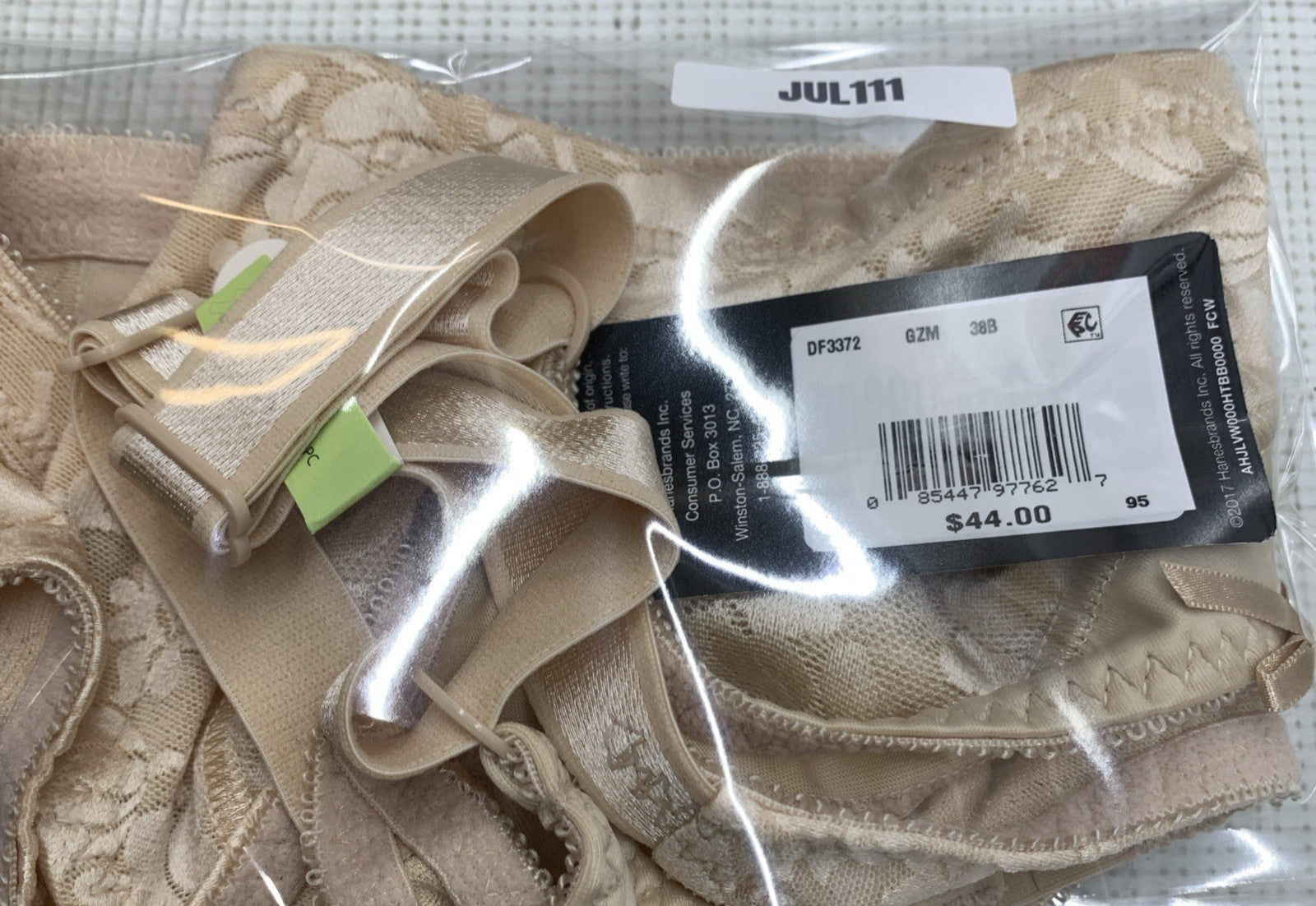 Bali nude wireless bra with double support lace, size 38B, featuring cool comfort fabric and supportive design from The Family Flips.