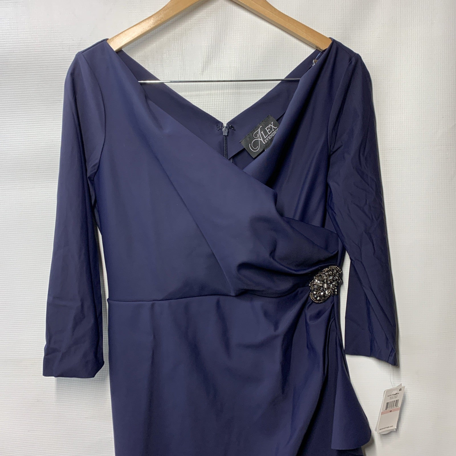 Alex Evenings Women's Rhinestone Side Wide Surplice Sheath Dress 3/4 Sleeve 10