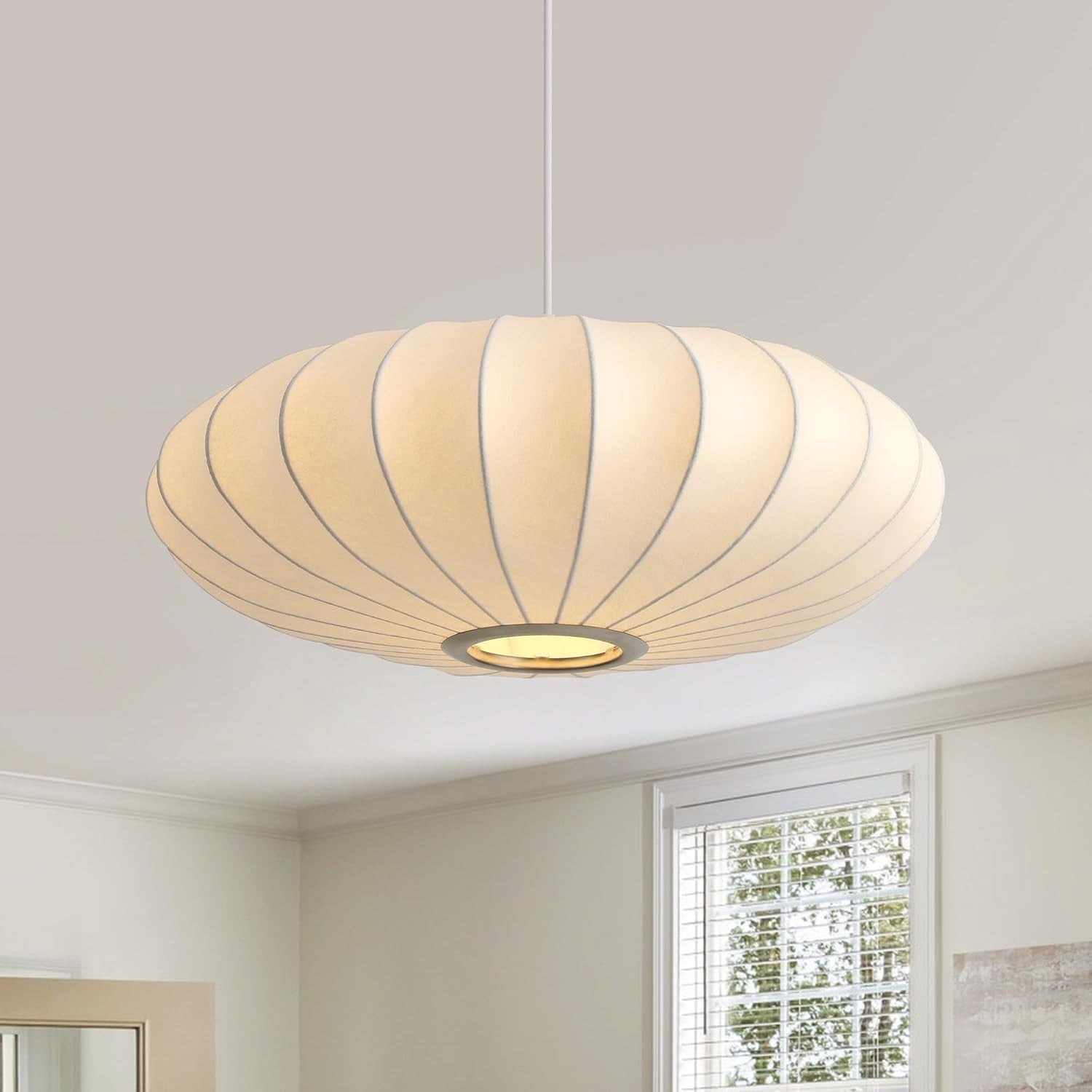 20 Inch Lantern Pendant Light, White Imitation Silk Lampshade, Bubble Pendant