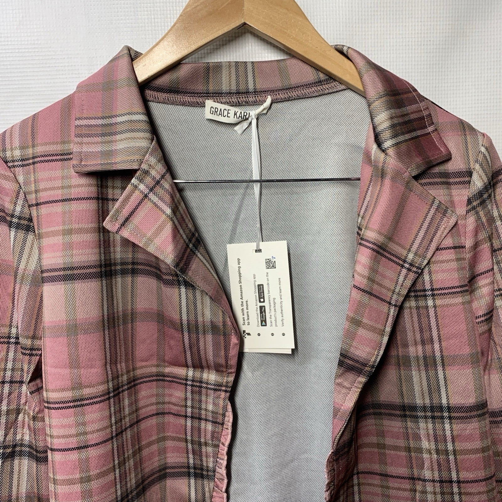 GRACE KARIN Women Business Casual Cropped Blazer Pink Plaid Small Long Sleeve