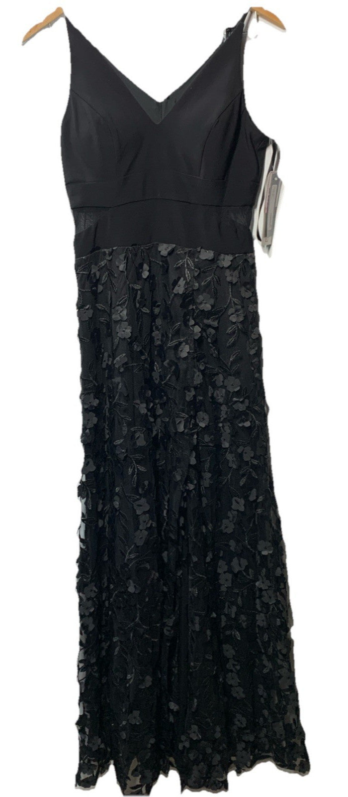 Xscape Sheer Matte Jersey Lace V-Neck Floral Appliques Floor Length Dress 6P