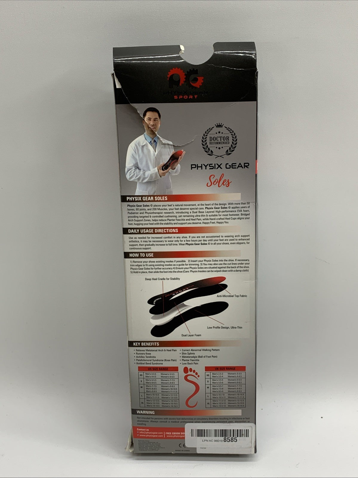 Physix Gear Sport Full Length Orthotic Soles Inserts Black/Red M7-9.5 W9-11.5