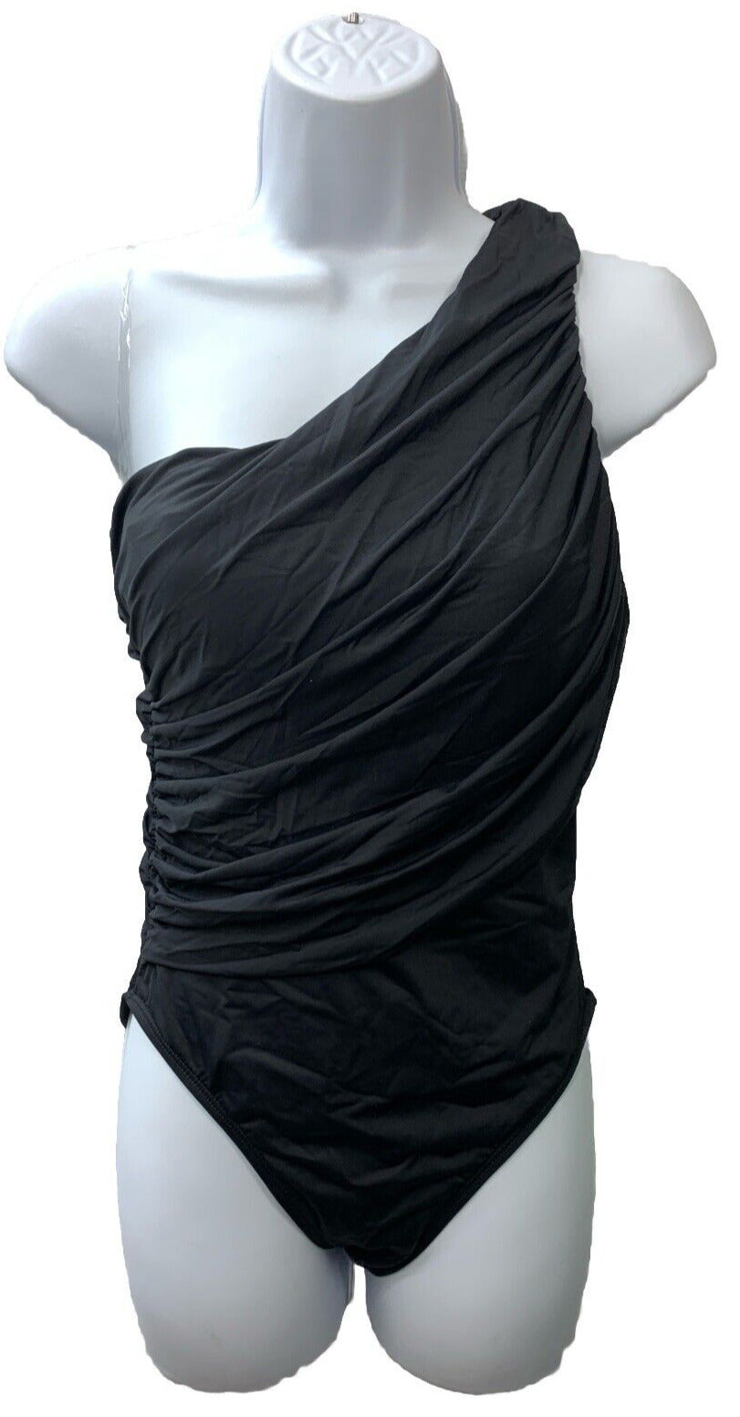 La Blanca Island Goddess Women's Swimsuit Shirred One Shoulder 1 Piece Size 6
