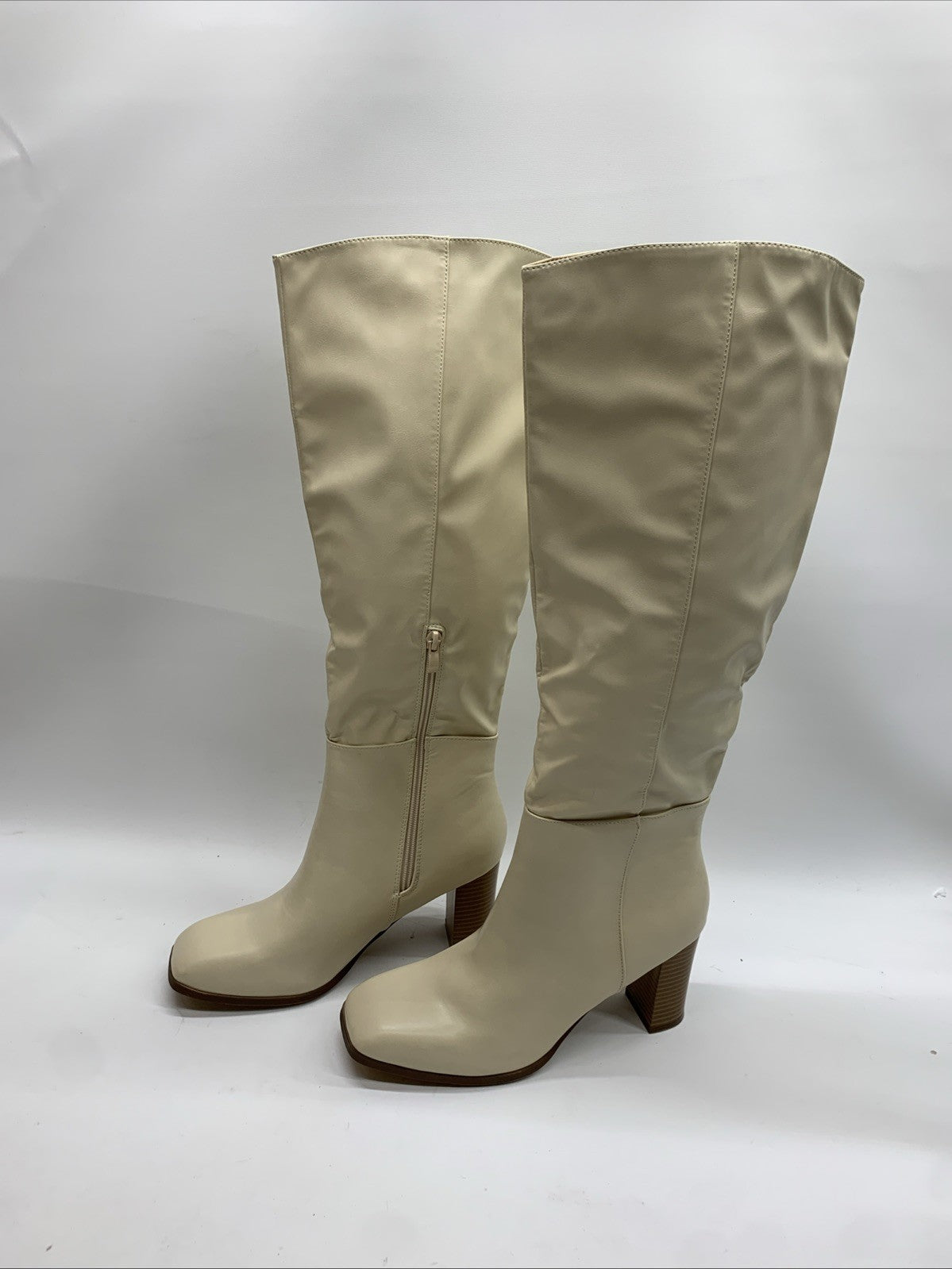 Coutgo Womens Faux Suede Knee High Boots Side Zipper Chunky Heel Stretch Winter