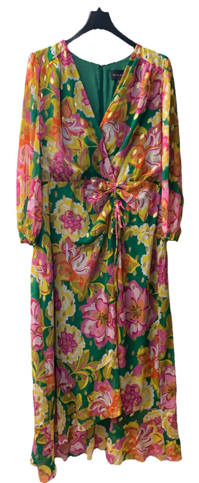 Donna Morgan Women's Foil Printed Wrap Look with Ruching Details, Multi, Size 16