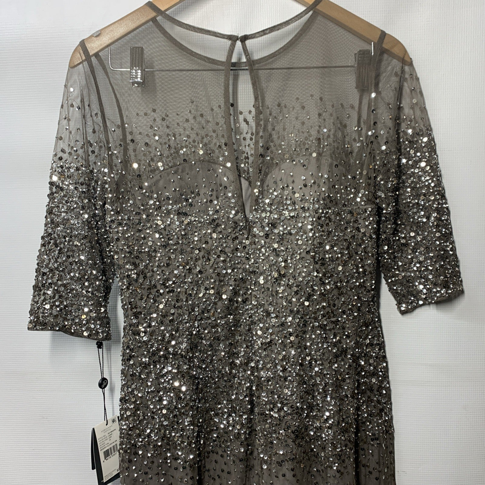 Adrianna Papell Women's Light Sliver Beaded Illusion Column Evening Gown Size 10