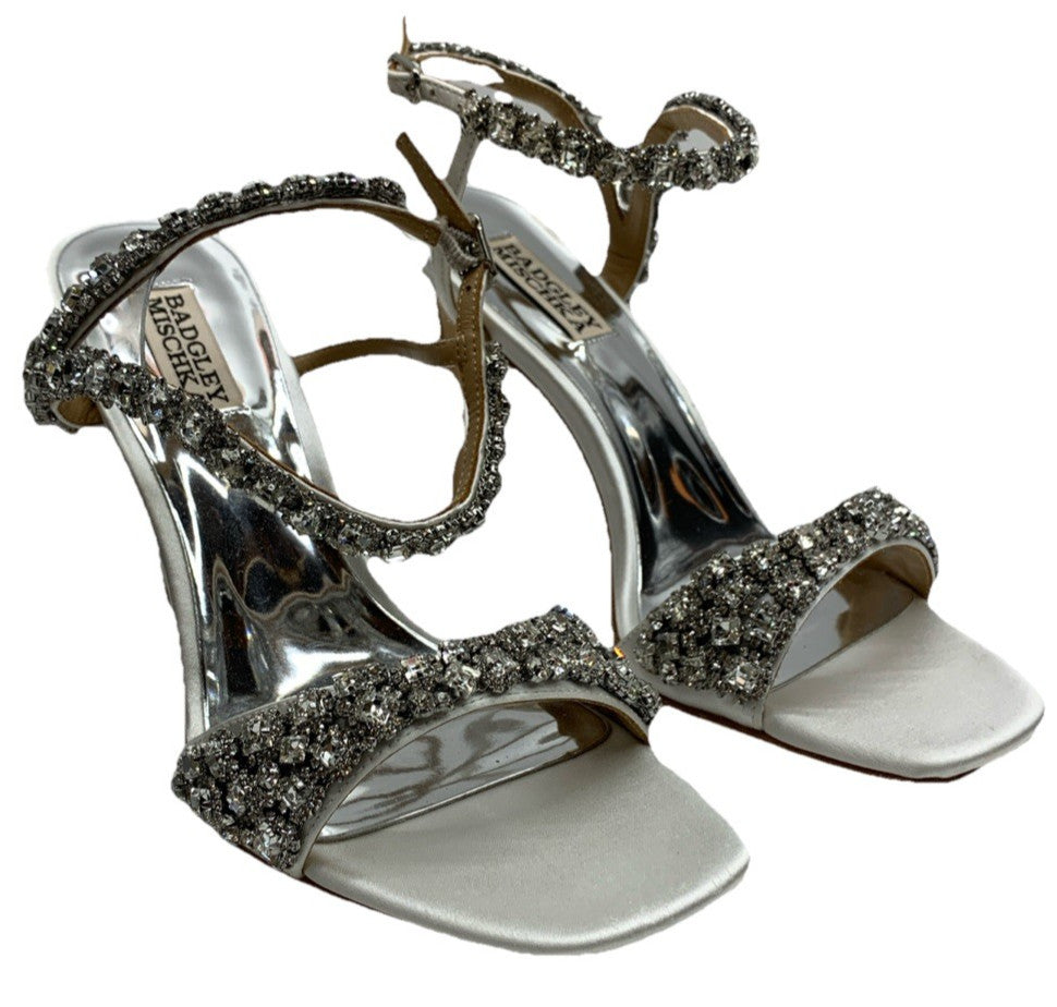 Badgley Mischka Galia Embellished Sandal Heels Jeweled Soft Satin White Size 8