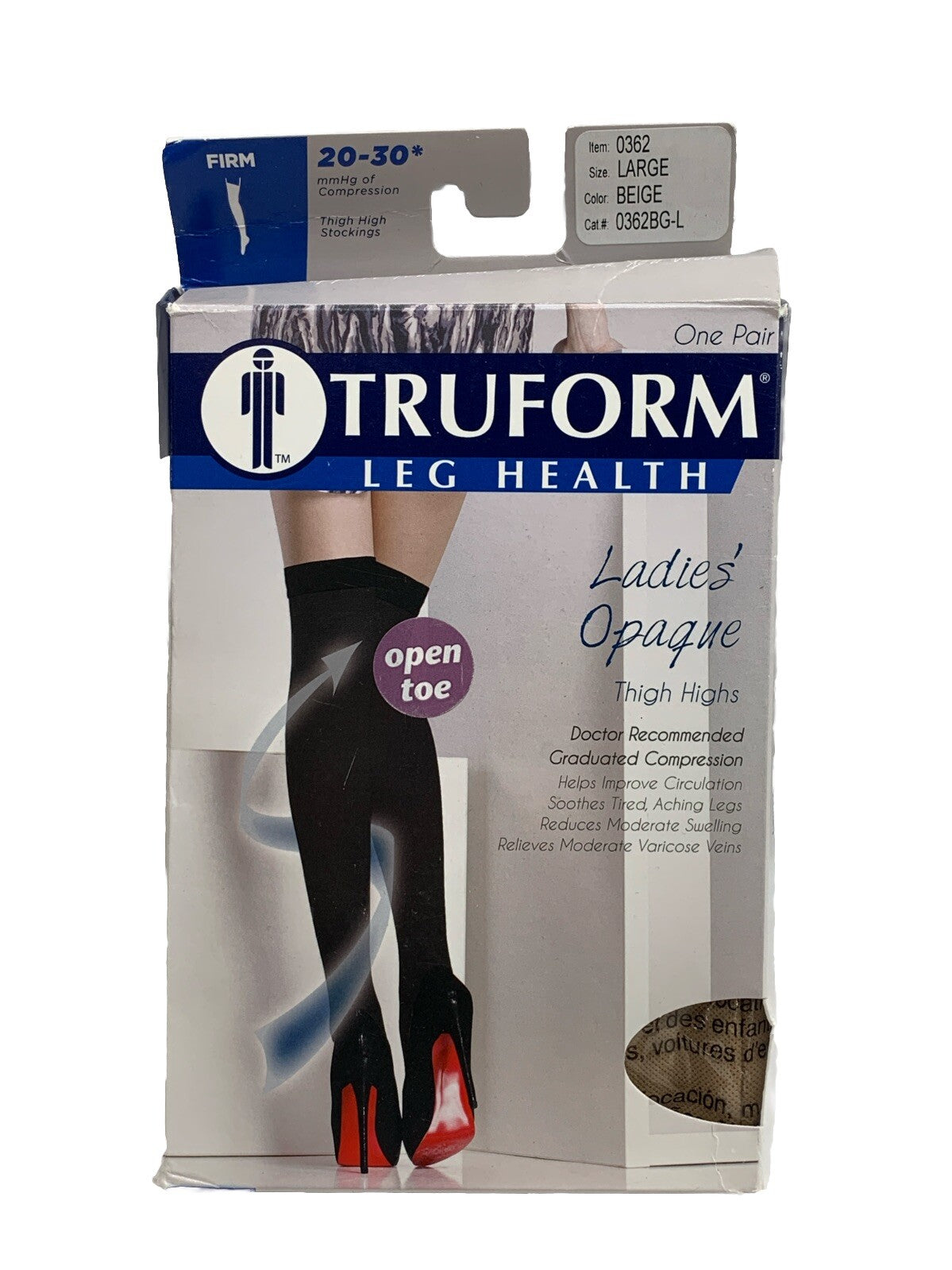 TRUFORM Leg Health 20-30mmHg Opaque Thigh High Stockings Beige Large Open Toe