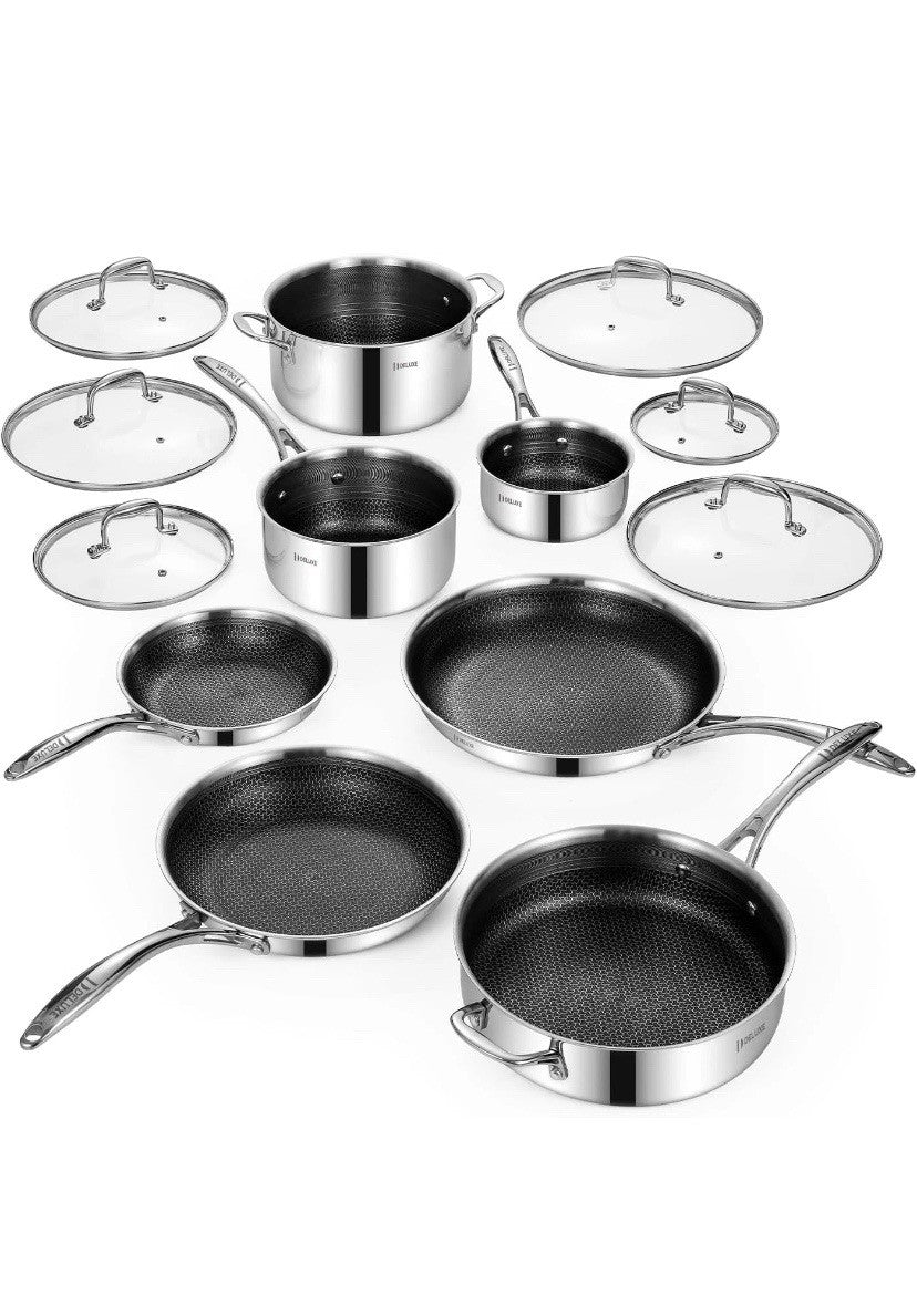 Deluxe 13 Piece Hybrid Ceramic Nonstick Stainless Steel Cookware Set Cooking