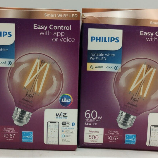 Philips Tunable White G25 60W Equivalent Dimmable Smart Wi-Fi WiZ Con Lot of 2