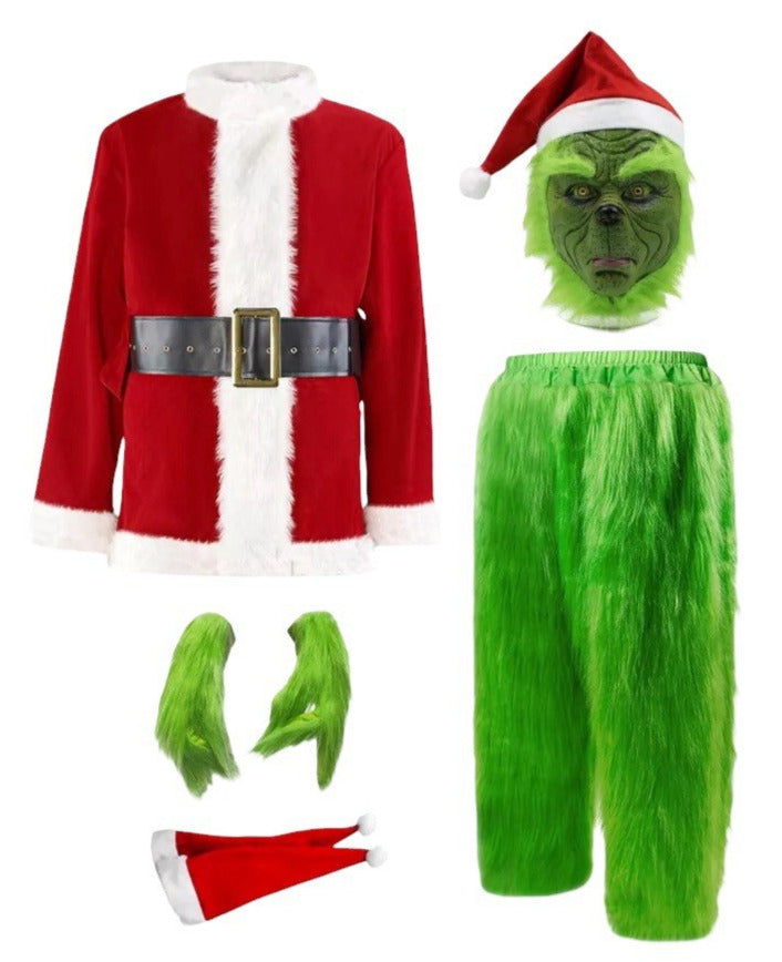 Men's Deluxe The Grinch Costume Suit 7pc Christmas Adult Santa Claus Mask 3XL