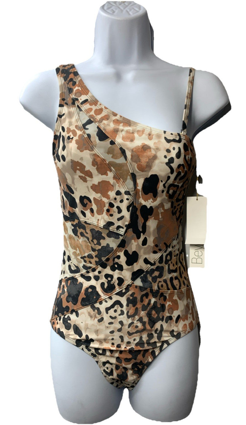 Beyond Control Women Brown Multi Mesh Animal-Print One-Shoulder One-Piece Size 6
