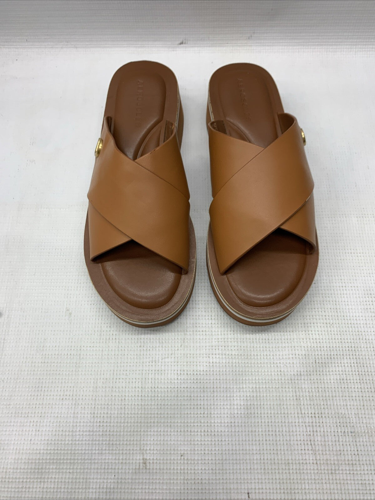 Aerosols Leather Charlie Slide Sandal 8M Tan Leather Slip On Block Heel Brown