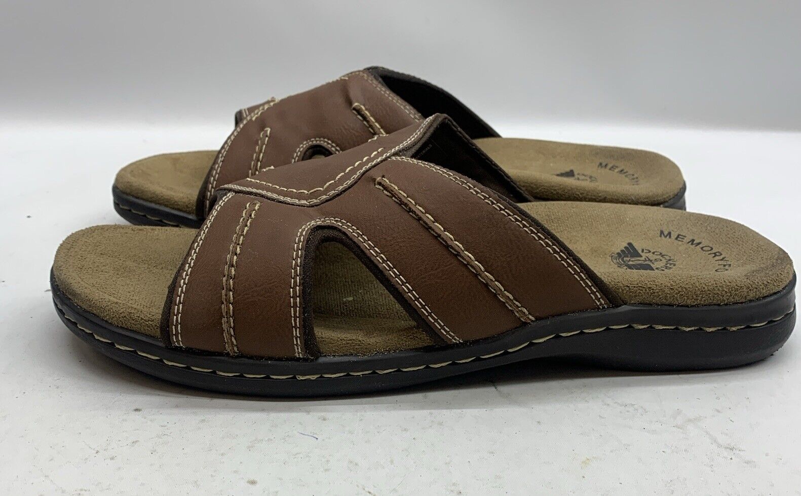 Man's Sandals Dockers Sunland 9W Brown Open Toe 90-21397 Slip On Casual Slide