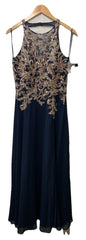 Betsy & Adam Long Sleeveless Halter Metallic Print Wrap Overlay Gown Size 8