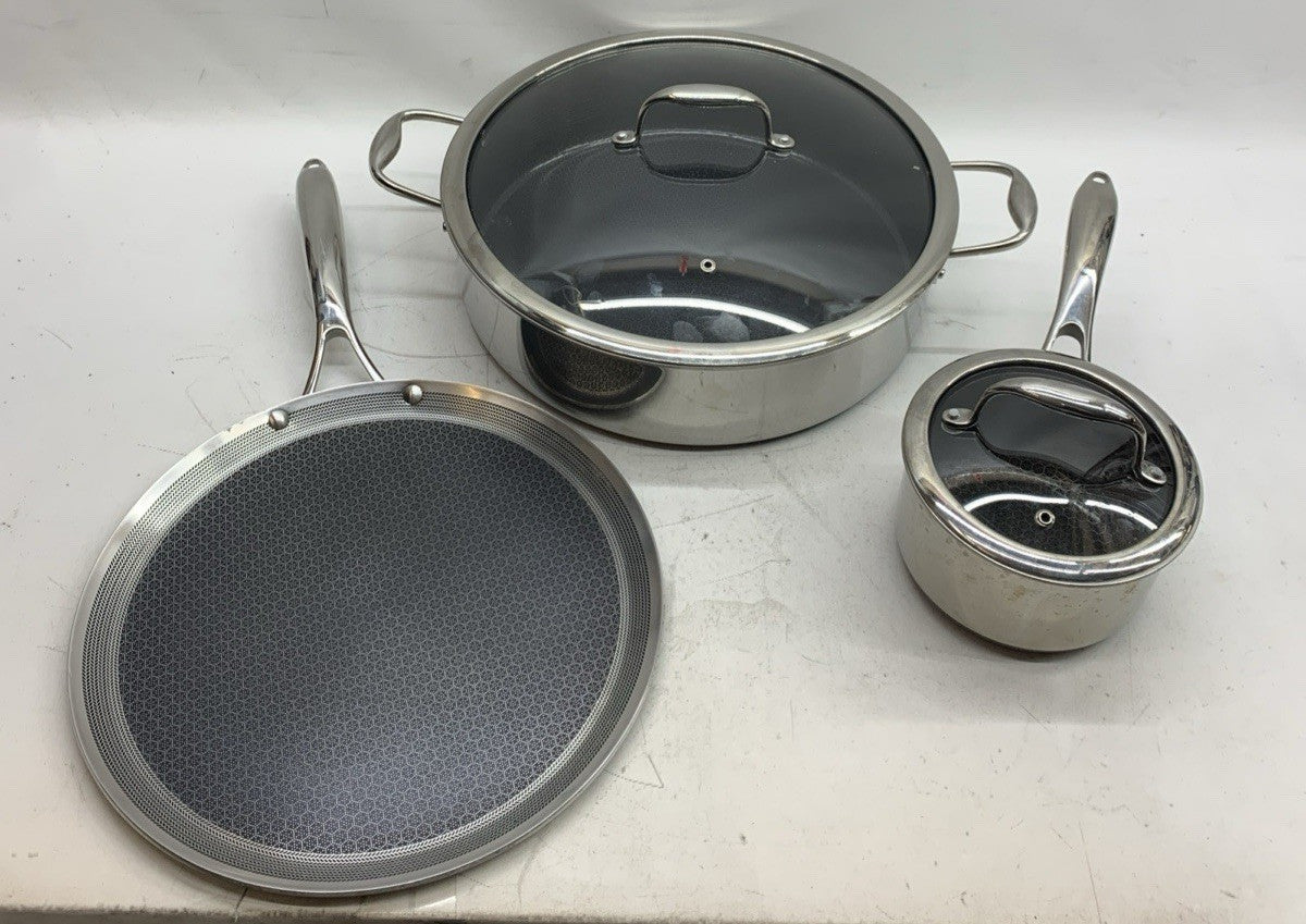 HexClad Hybrid Stainless Steel Cookware 5-Piece Set w/Cover Lid & Griddle USED