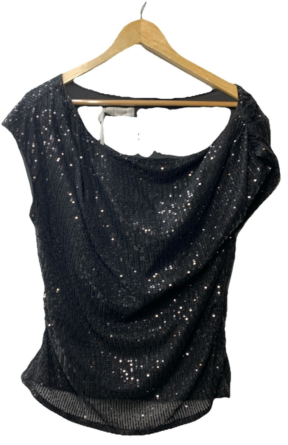 GRACE KARIN Women's One Shoulder Sequin Sparkly Asymmetrical Top Size L Black