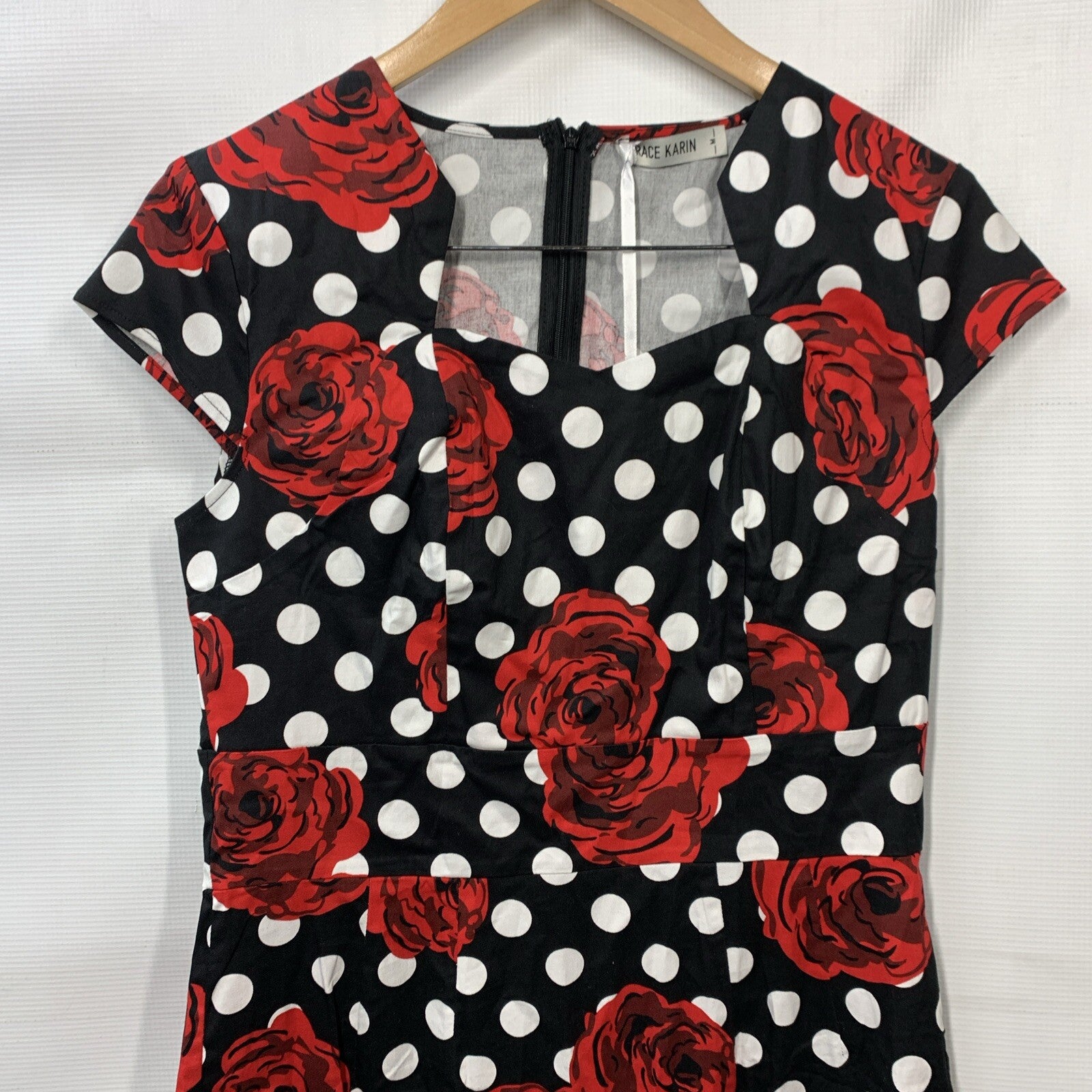 Grace Karin Retro 50s Polka Dots and Roses Pencil Dress Blk /Red/White Medium