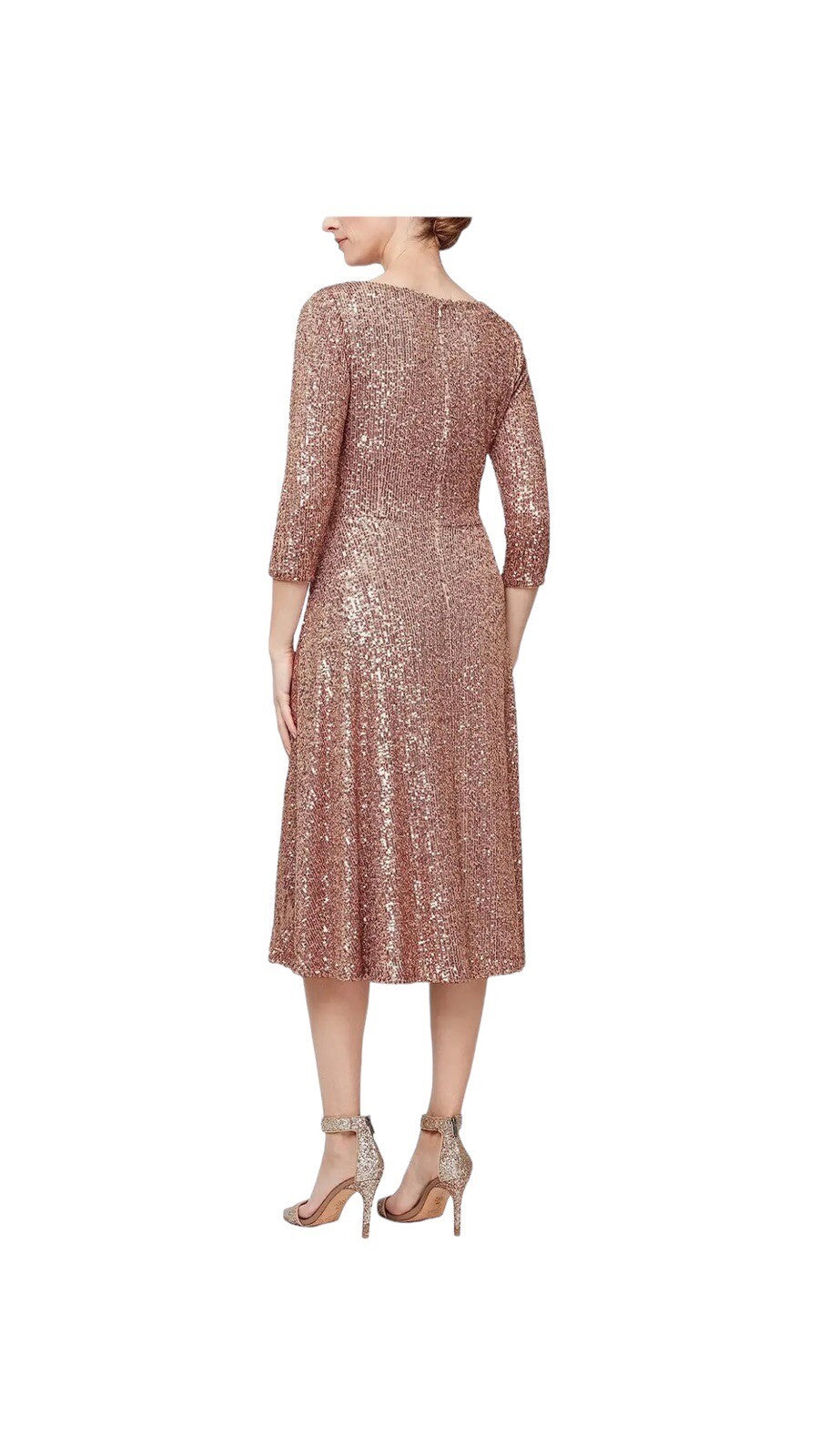 Gold sequin Alex Evenings women's dress with 3/4 sleeves and A-line silhouette, size 12P, featuring elegant embellishments.