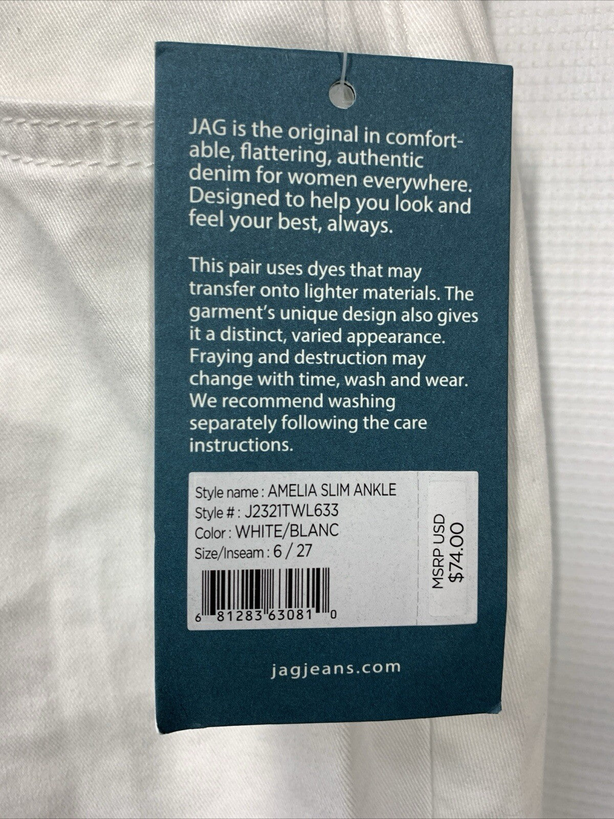 Jag Jeans Women's Amelia Pull-On Slim Ankle Jean Riviera Size 6 White Long Pants