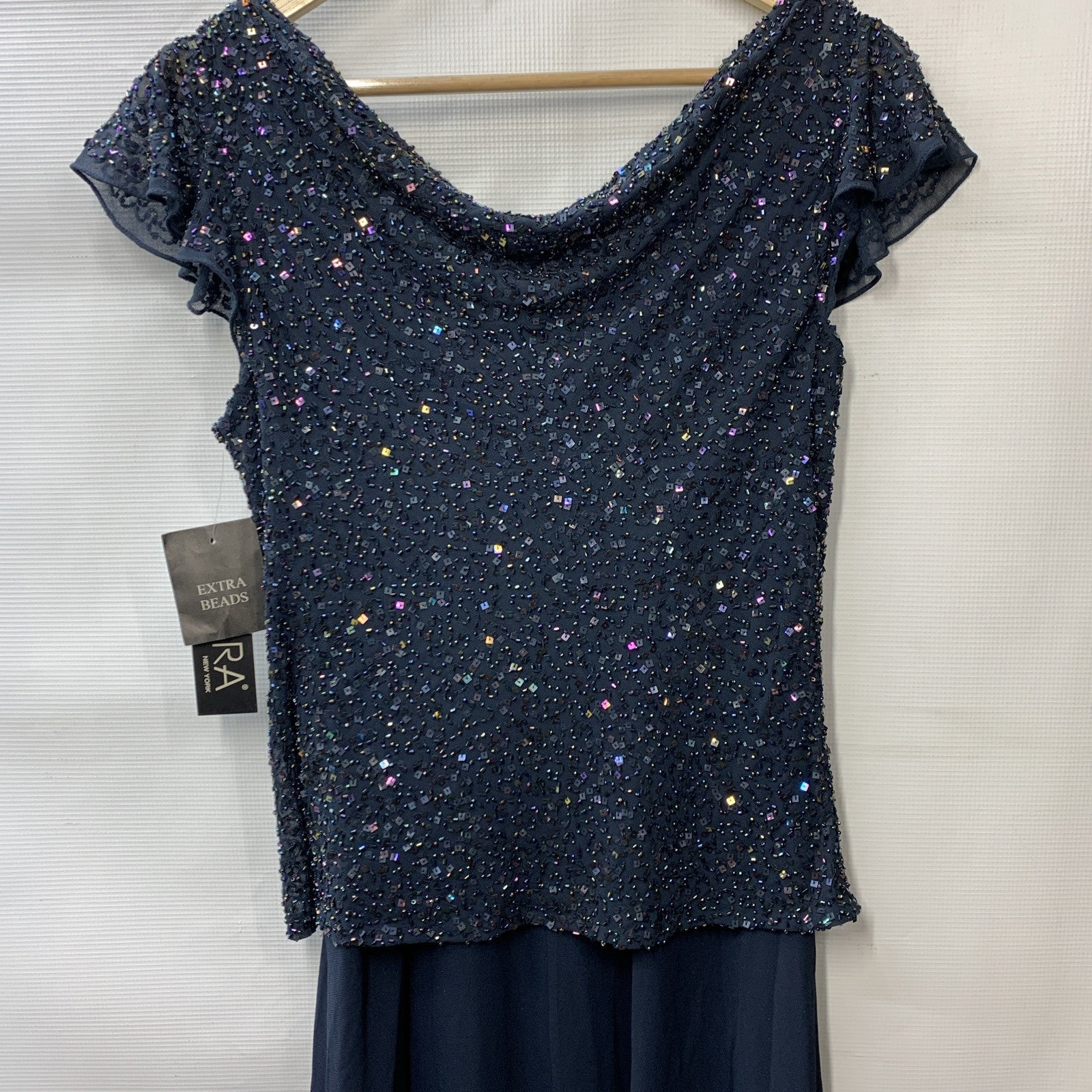 J Kara Women's Size 10 Flutter-Sleeve Embellished Popover Dress Navy (669) 3417N